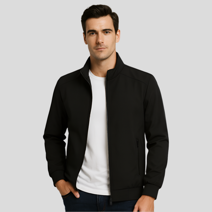 Men's lightweight outerwear jacket with a sleek design, ideal for spring & fall. Features versatile zippered pockets.