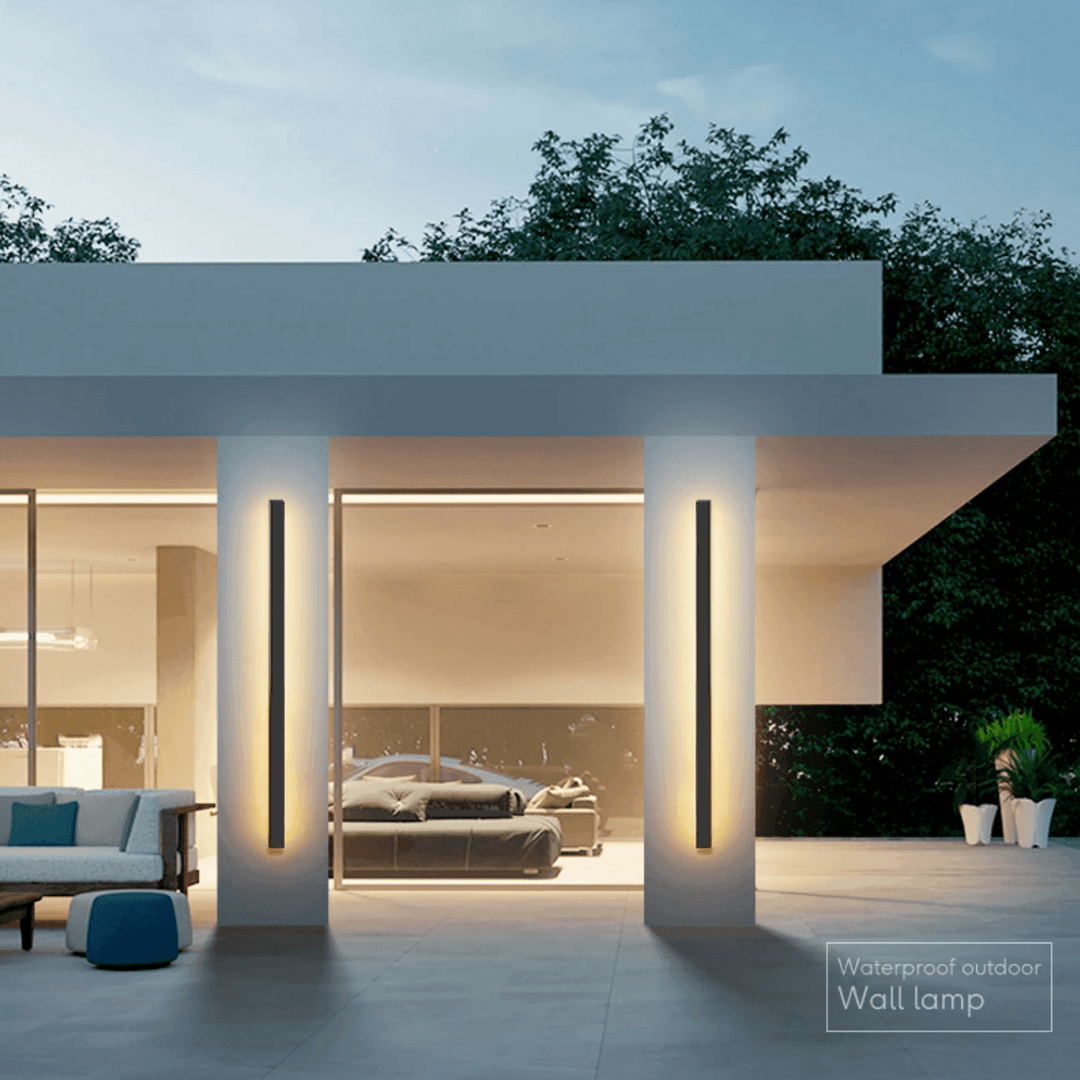 Modern weatherproof vertical LED wall light. Ideal for garden, patio, or architectural outdoor lighting. Energy efficient.