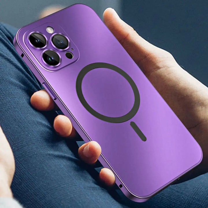 Magnetic snap-on metal iPhone case for secure protection.
