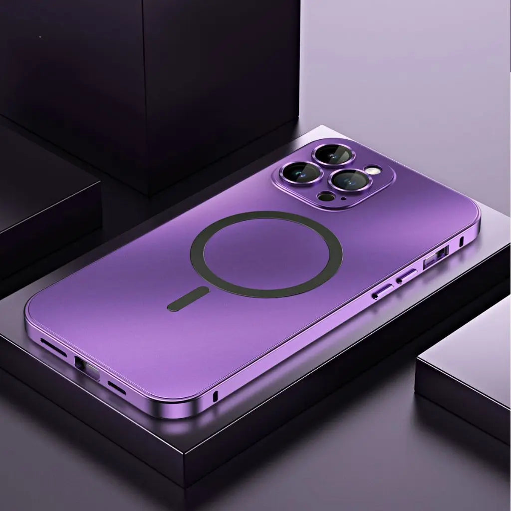 Protective aluminum iPhone case with magnetic design.