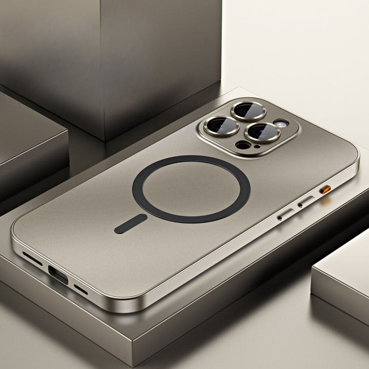Universal magnetic metal iPhone case, combines style & safety.