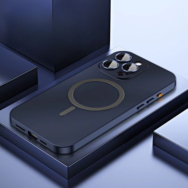 Magnetic metal slim case for iPhone, enhanced protection.