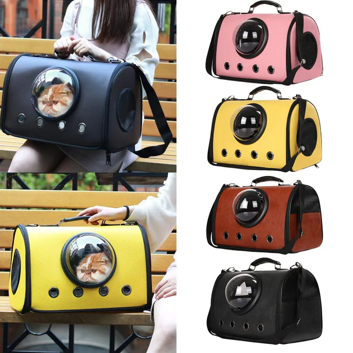 Small pet carrier bag for car travel, cats & dogs, with a clear viewing window and ventilation.
