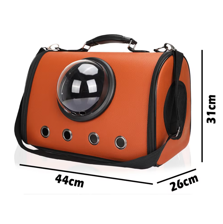 Portable dog carrier with viewing window, ventilated for car trips, perfect for small breeds.