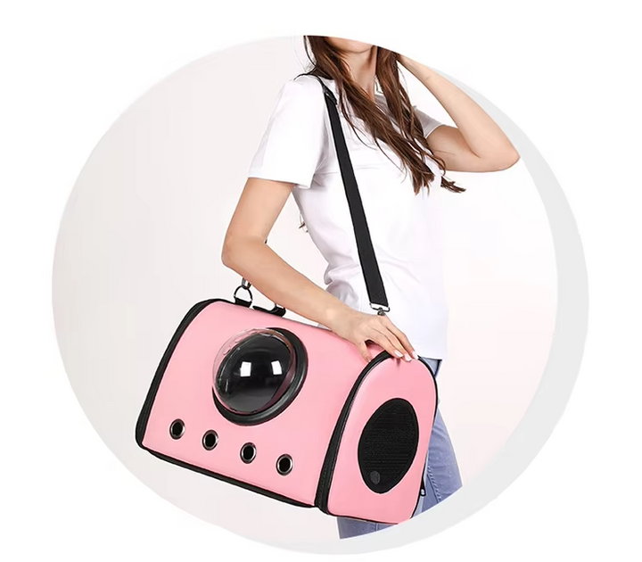 Travel pet carrier for small dogs & cats, featuring a viewing window for car safety and comfort.