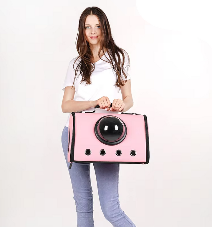 Compact pet travel bag for car seats, with a viewing window and breathable design for small pets.
