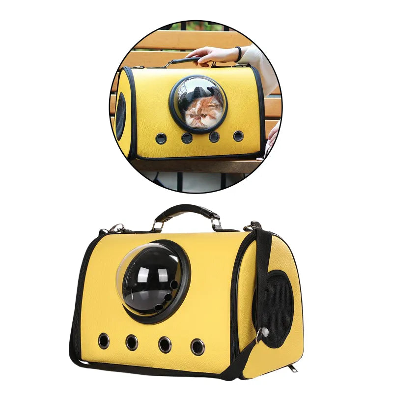 Small pet travel bag for car, secure and comfy, with a clear viewing window for happy pets.