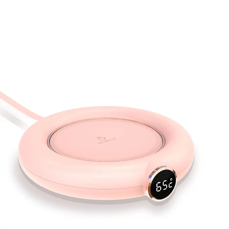 Unisex smart mug warmer with digital display & adjustable temp for coffee or tea. USB powered desk drink heater.