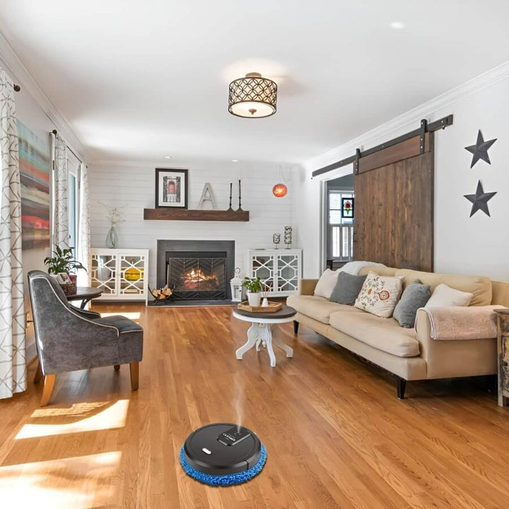 Smart home robotic mop on a clean floor, showcasing its compact design and cleaning power.
