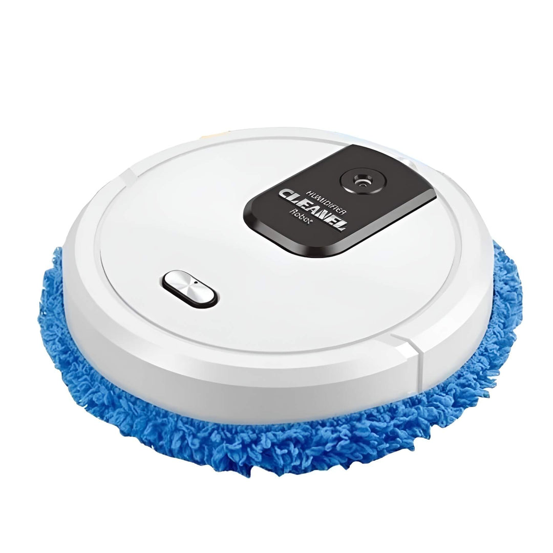 Automatic robotic mop demonstrating its slim profile, cleaning under furniture in a modern home.