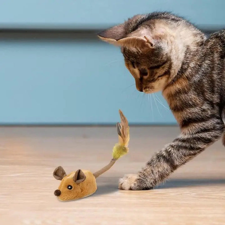 Smart interactive brown mouse cat toy boosting feline hunting instincts & providing active play for pet enrichment.