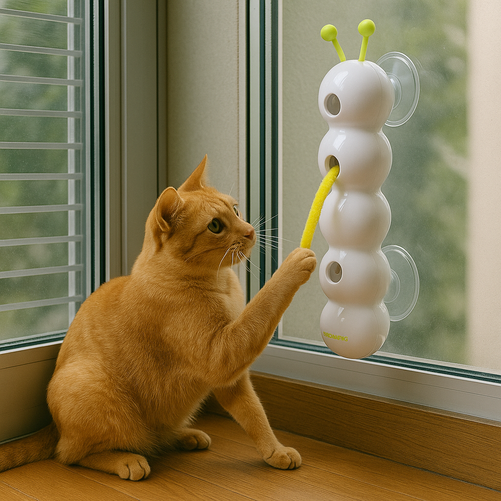 Smart motion interactive cat toy mounted on window, engaging indoor cats and kittens with stimulating play.