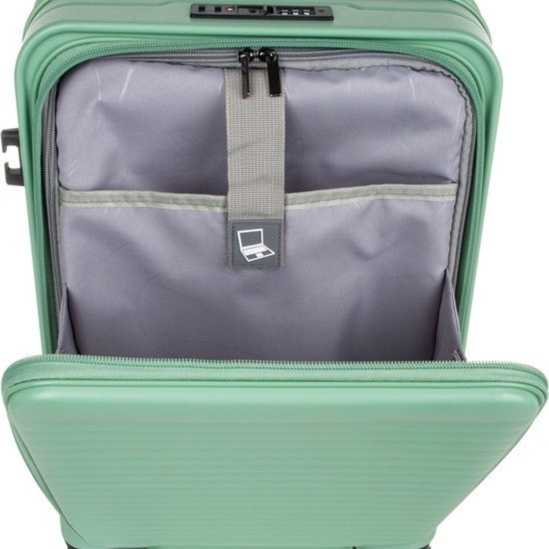 Travel in style with this 2-piece luggage set: laptop compartment, TSA lock, & spinner wheels.