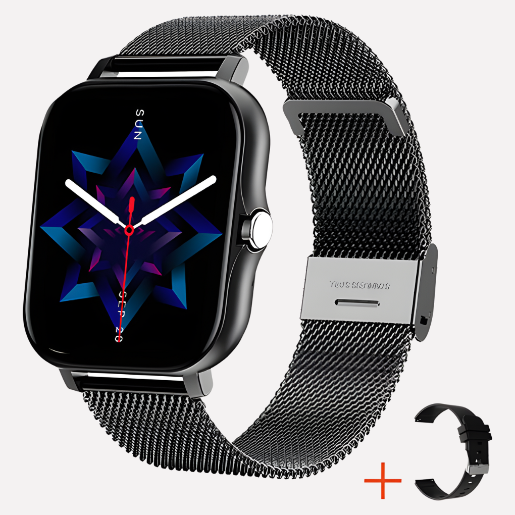 Close-up of New4 smartwatch interface showcasing GPS tracking and emergency SOS function for safety