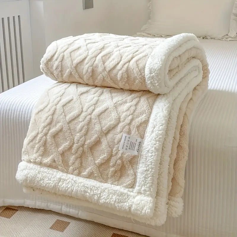 Soft sherpa and fleece reversible blanket. Cozy, plush throw for all-season comfort on your bed or couch.