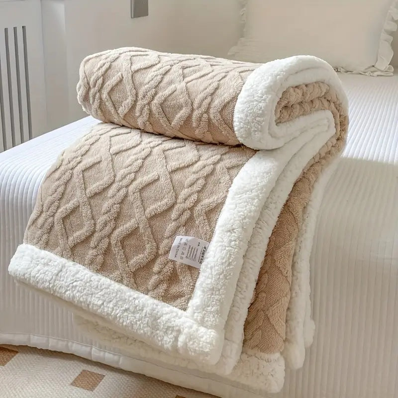 Elegant reversible sherpa fleece blanket, perfect as a stylish bed throw or sofa accent. All-season cozy comfort.