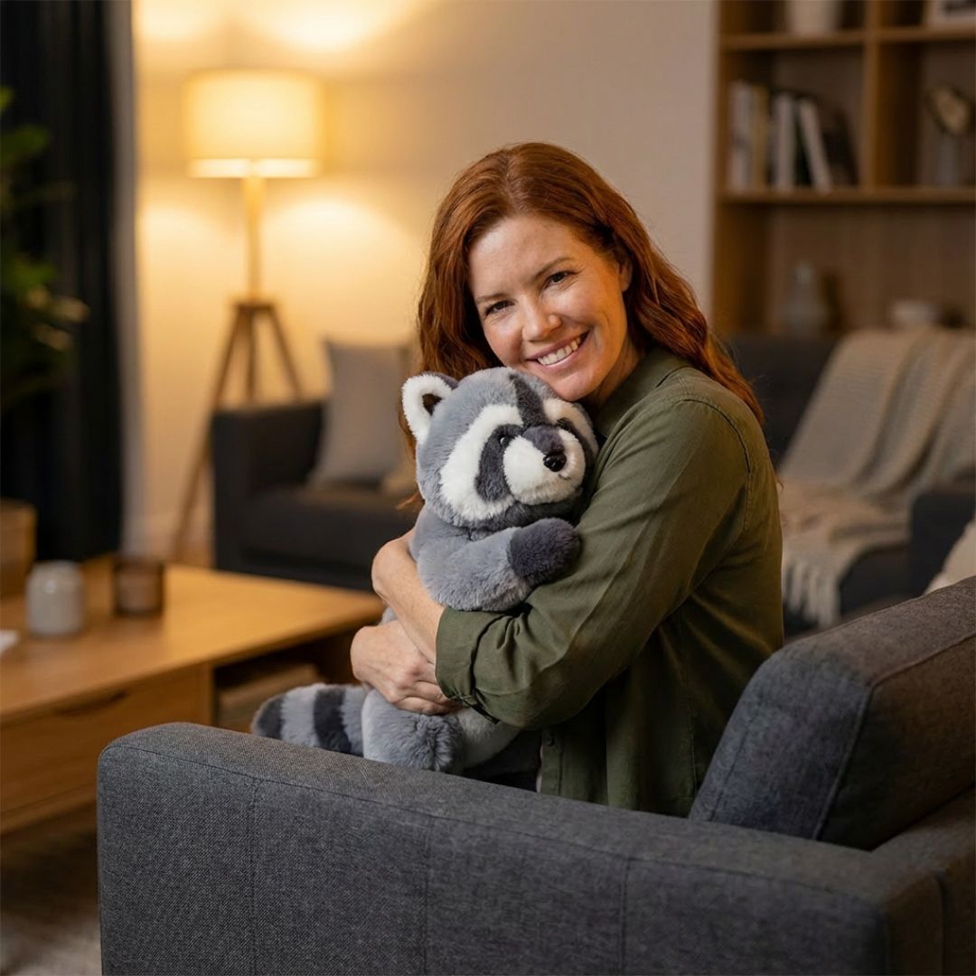 Adult comfort plush, long raccoon shape for relaxation & cozy moments.