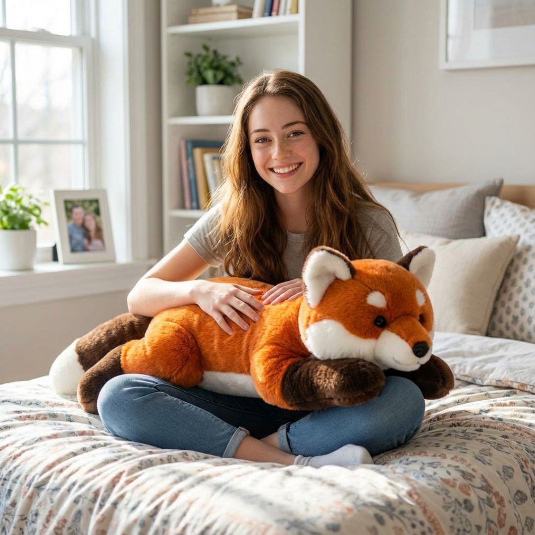 Unisex long plush comfort toy, soft red panda for relaxation & cuddling.