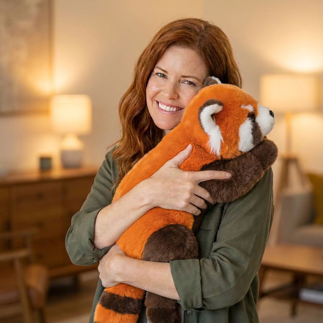 Comforting soft red panda plush, long shape for relaxation and adult comfort.