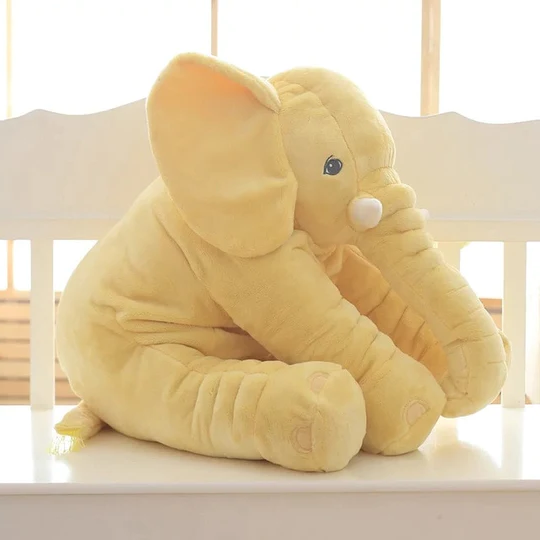 Fluffy grey baby elephant plush toy, a comforting pillow and fun cuddle pal for children's playtime.