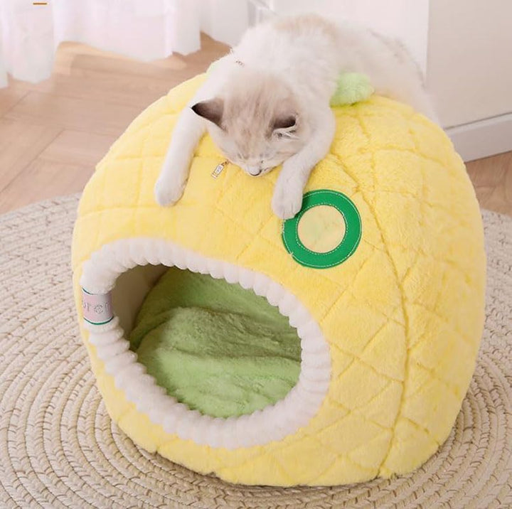 Adorable cat enjoying its soft pineapple pet bed, a secure and cozy cat cave for sleeping or relaxing.