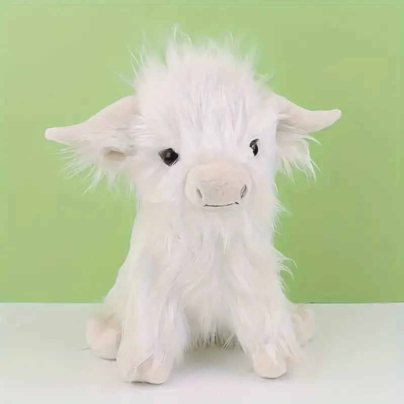 Charming Highland Cow plushie, a gentle stuffed animal with soft fur, great comfort gift for any age.