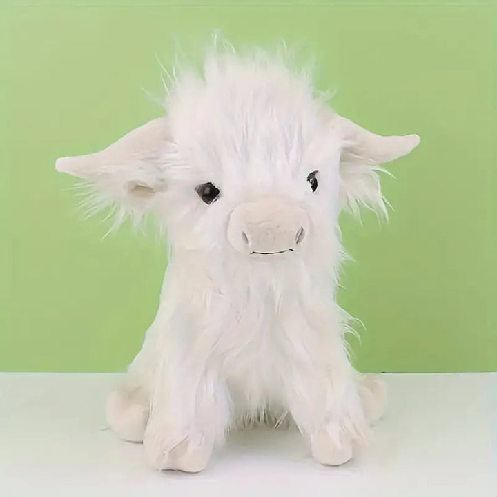 Charming Highland Cow plushie, a gentle stuffed animal with soft fur, great comfort gift for any age.
