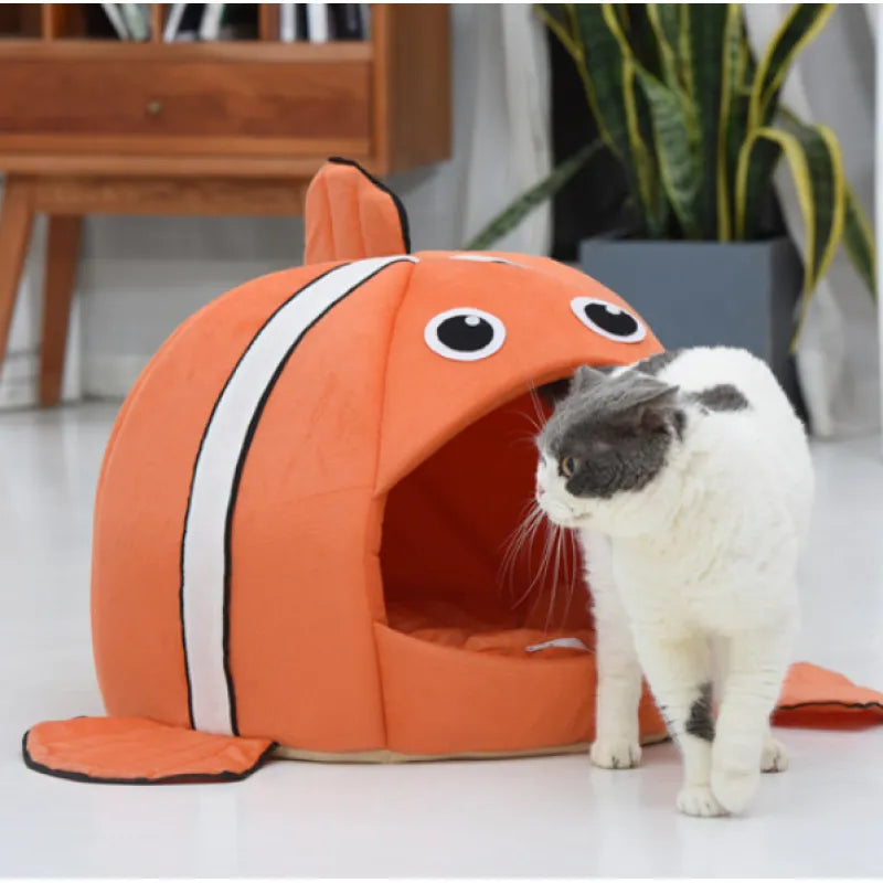 Soft fish design cat cave bed for ultimate feline comfort & hideaway.