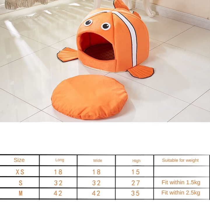 Cozy orange fish design pet bed, a warm and plush cat hideout.