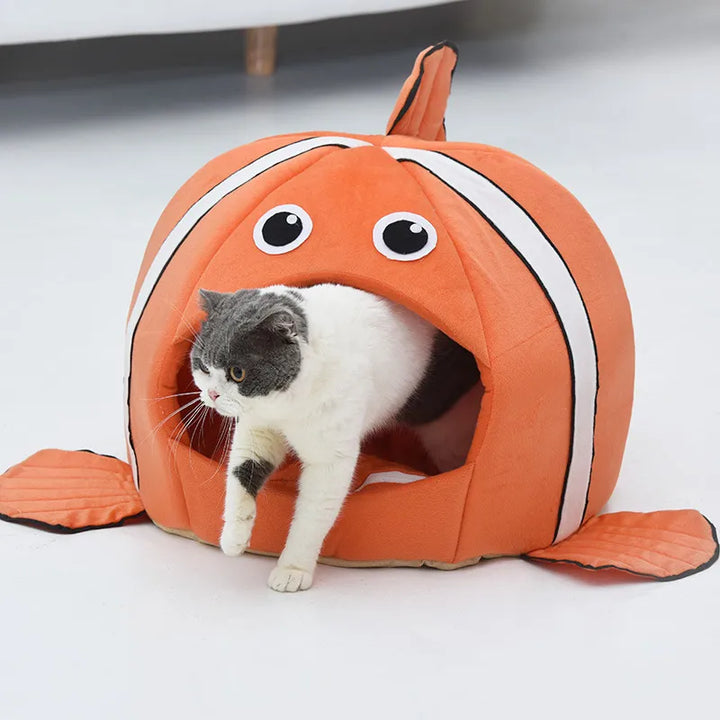Cuddly cat cave with unique fish design, a soft and inviting pet bed for cats.