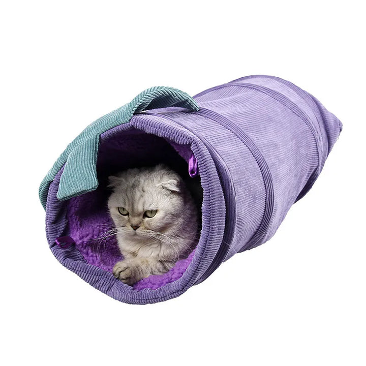 Soft flower-design cat play tunnel for feline fun & engaging hideaway. Interactive cat toy for pets.