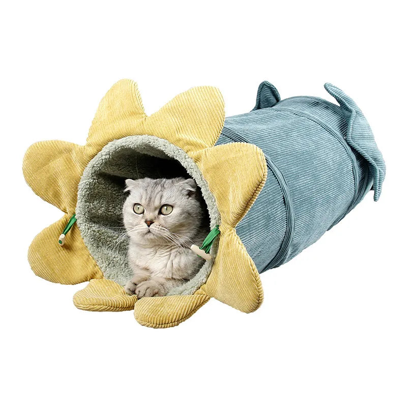 Engaging soft cat tunnel with flower design, perfect for pet play & feline hideaway. Interactive cat toy.