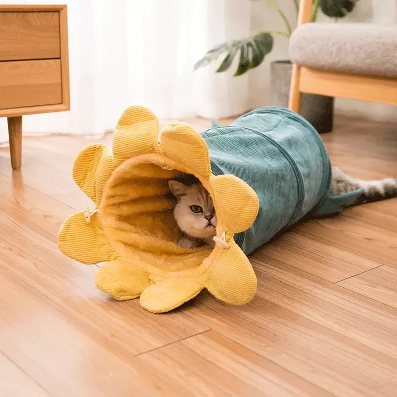 Engaging flower cat play tunnel, a soft interactive pet toy for curious felines to explore & hide.