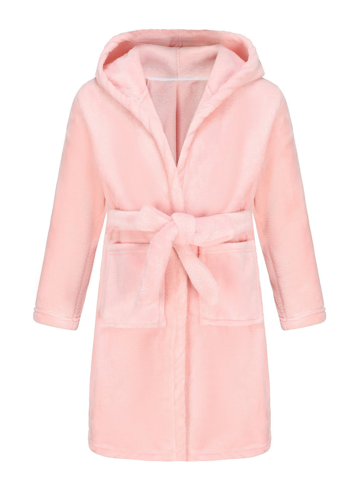 Soft girls' hooded fleece bathrobe for kids, comfortable & cozy for bath time or lounging at home.