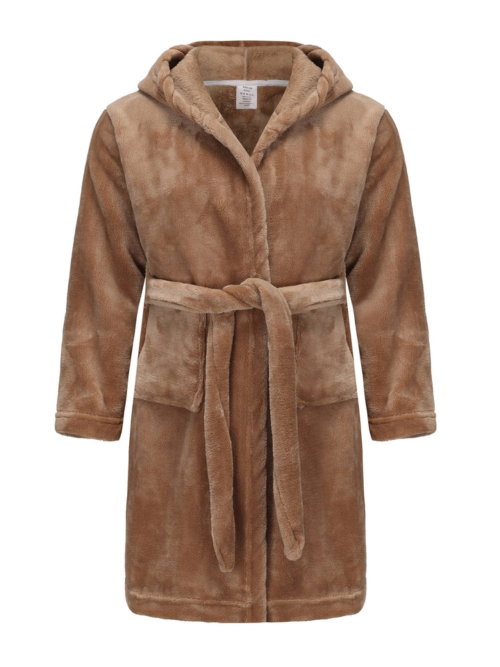 Plush polyester fleece hooded bathrobe for girls, ultra-soft & warm for kids' comfortable bath time.