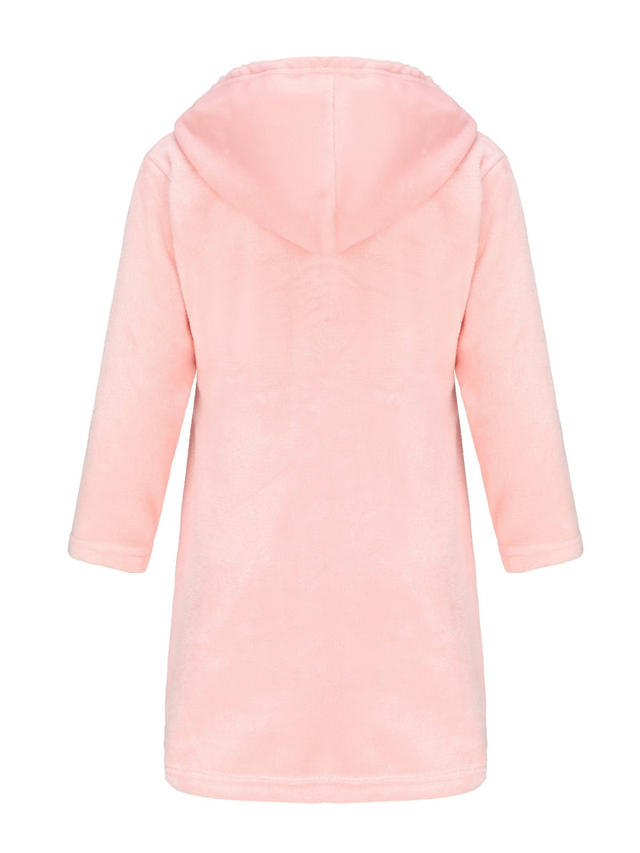 Cute children's hooded fleece bathrobe, perfect soft sleepwear & lounge wear for girls' cozy comfort.