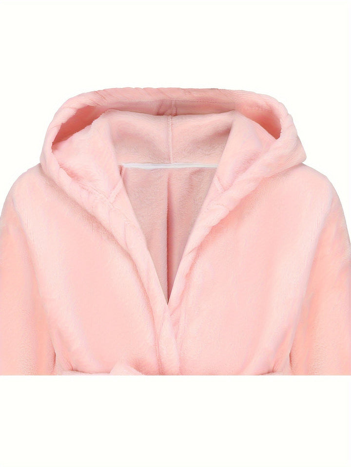 Comfortable fit girls' hooded fleece bathrobe, soft polyester for cozy kids' after-bath & lounge wear.