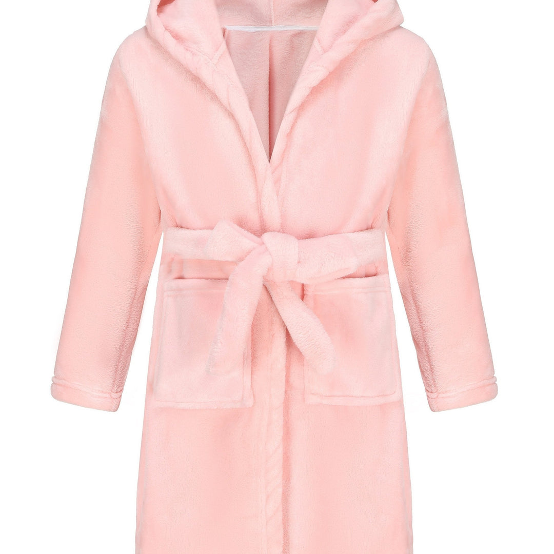 Ultra-soft children's hooded fleece bathrobe for girls, providing snug comfort for bath or play.