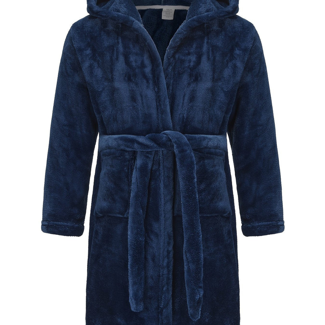 Kids' hooded fleece bathrobe, a comfortable girls' loungewear option for bath time or relaxing at home.