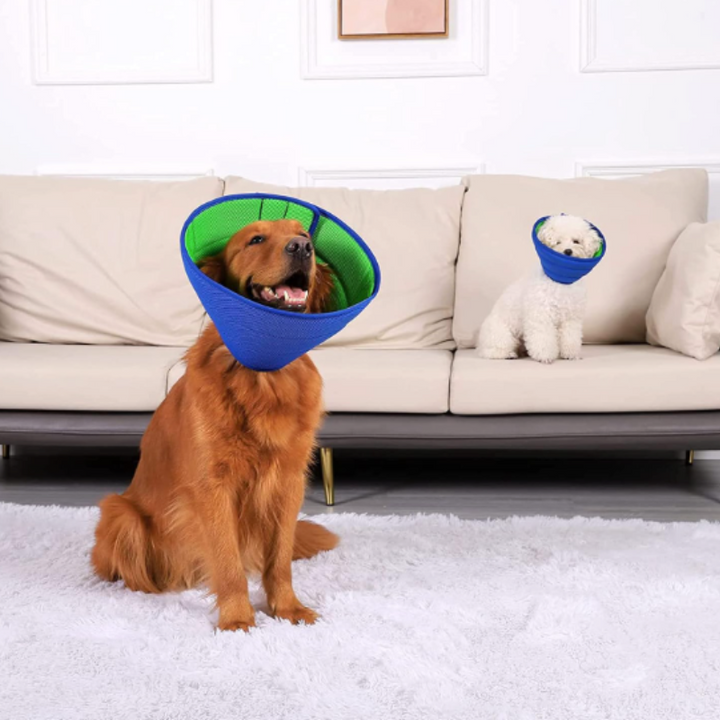 Soft mesh pet recovery collar for dogs & cats. Comfortable, gentle, and adjustable healing cone for post-op protection.