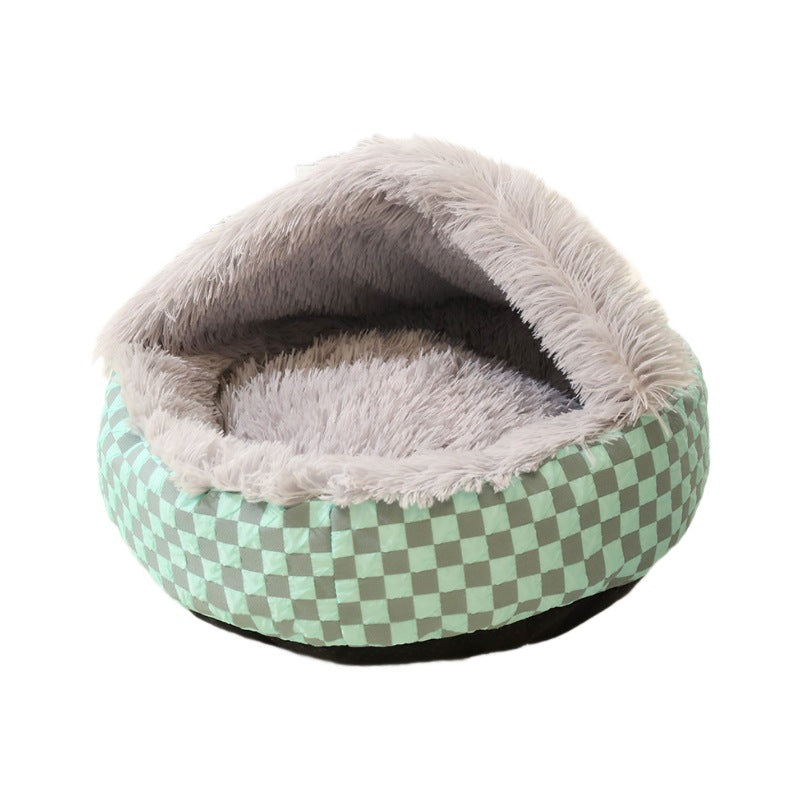 Washable plaid cat cave bed ensures a clean, cozy, & warm retreat for your feline. Perfect pet accessory.