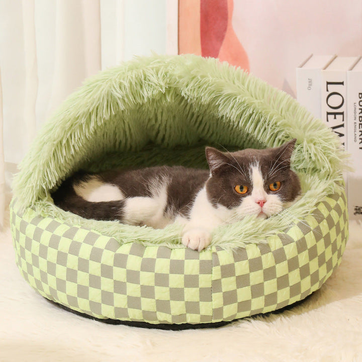 Plaid cat cave bed for ultimate feline comfort & warmth. Provides a secure, cozy pet bed for your cat.