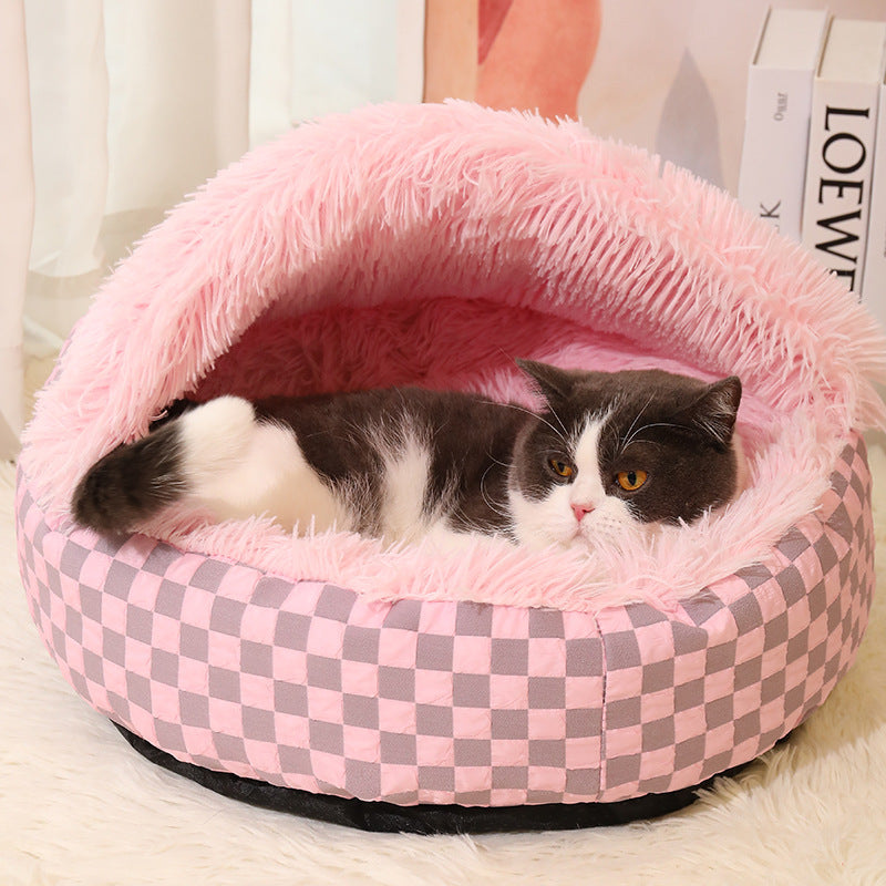 Stylish plaid cat cave bed offering cozy comfort & warmth for your feline friend. A perfect pet accessory.