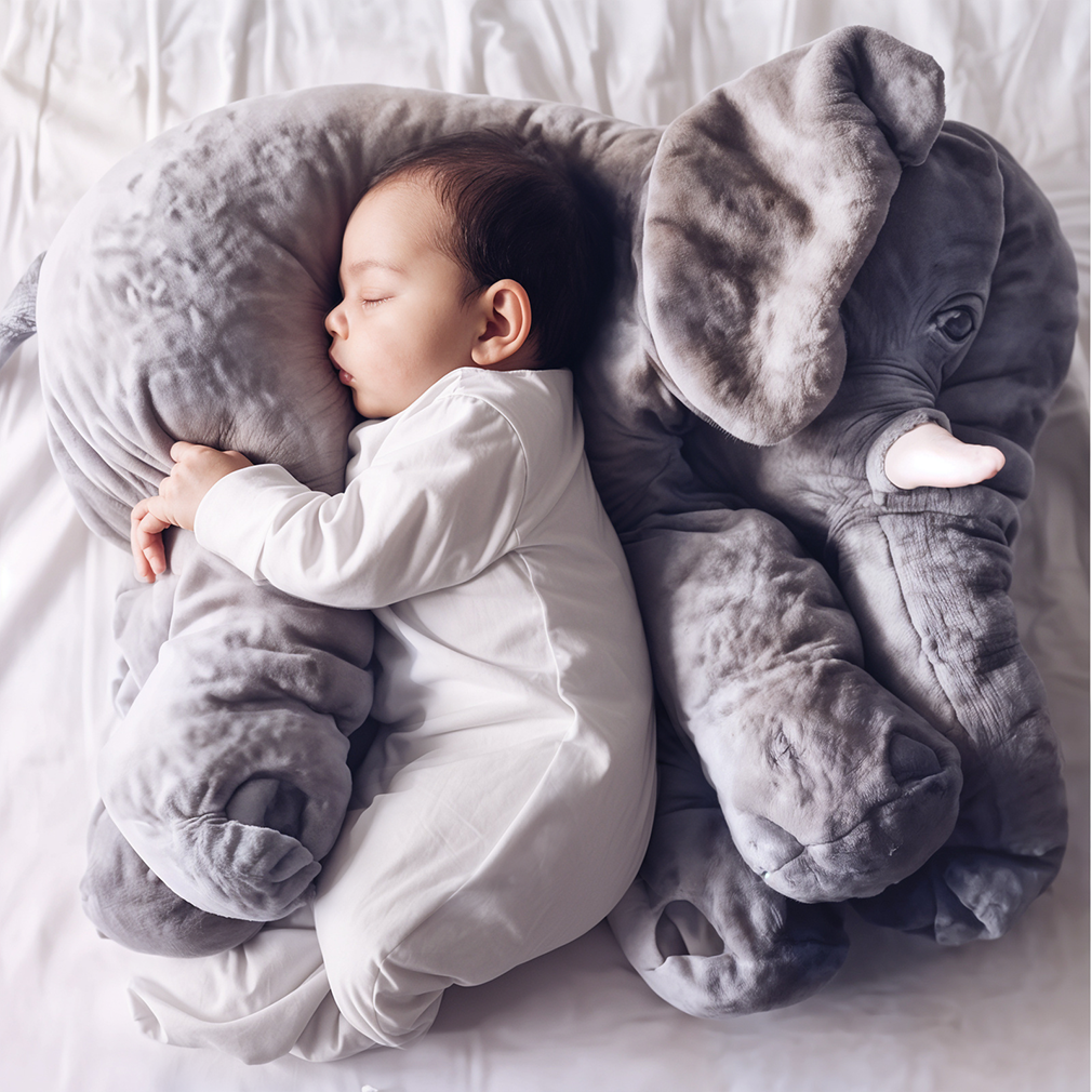 Soft plush elephant pillow for babies & kids, perfect for cuddling, comfort, and nursery decor. A gentle child gift.