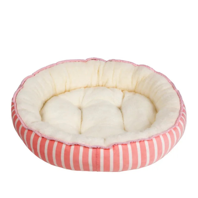 Washable, plush round pet bed designed for anxiety relief in small to large dogs and cats.