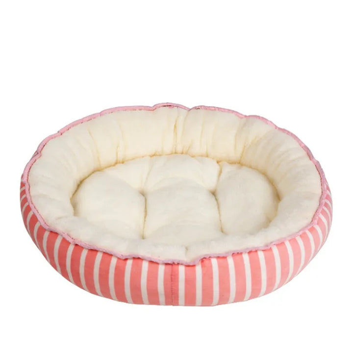 Washable, plush round pet bed designed for anxiety relief in small to large dogs and cats.