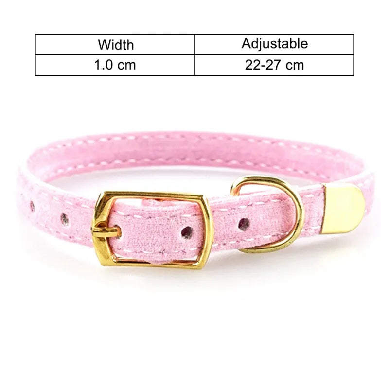 Adjustable velour cat collar featuring a shiny golden buckle, offering a comfortable and stylish pet accessory.