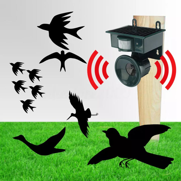 Outdoor solar bird repeller, motion-activated ultrasonic pest control for gardens.
