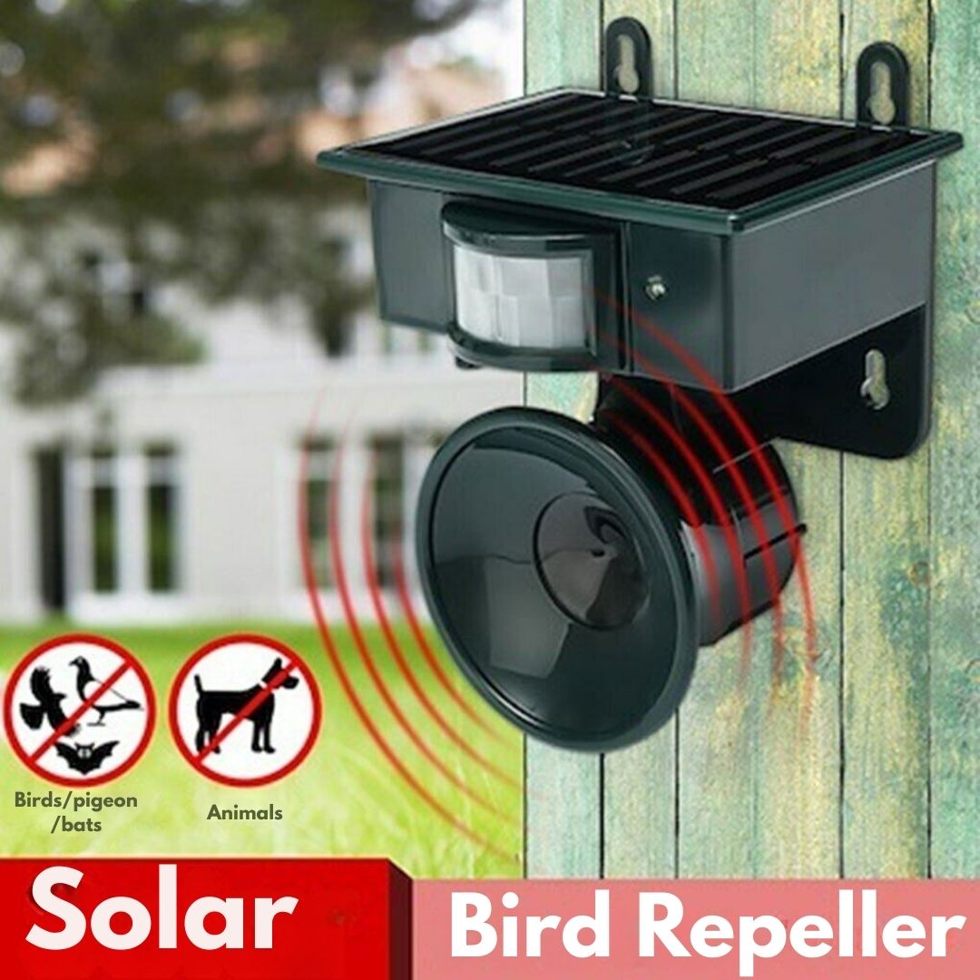 Garden solar bird repeller, deters pests with motion sensor and ultrasonic waves.