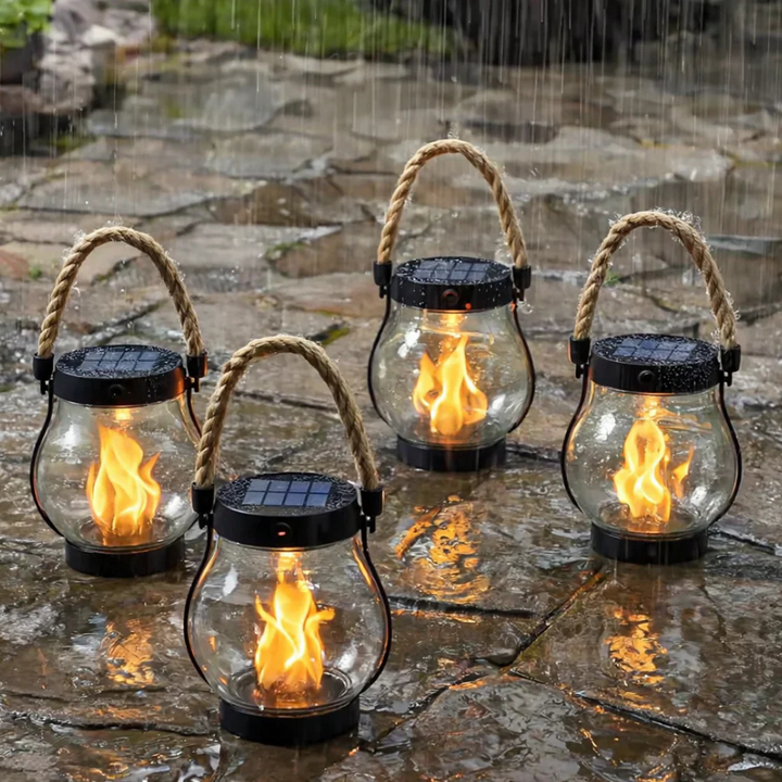 Solar powered outdoor lantern with realistic flickering flame effect for garden and patio ambiance.
